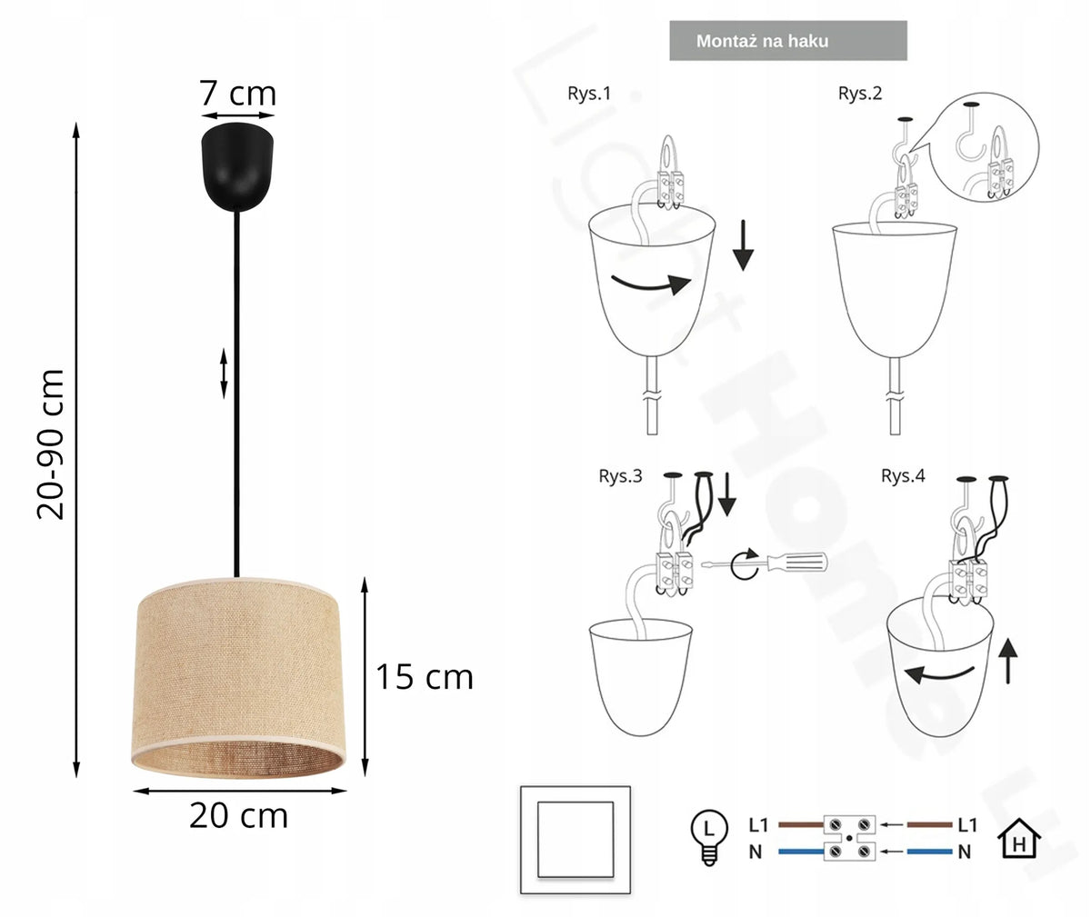 Kabantis šviestuvas „Light Home“ JUTA 2450/20P, vieno šviesos šaltinio, boho stiliaus, su apvaliu 20 cm skersmens audinio gaubtu