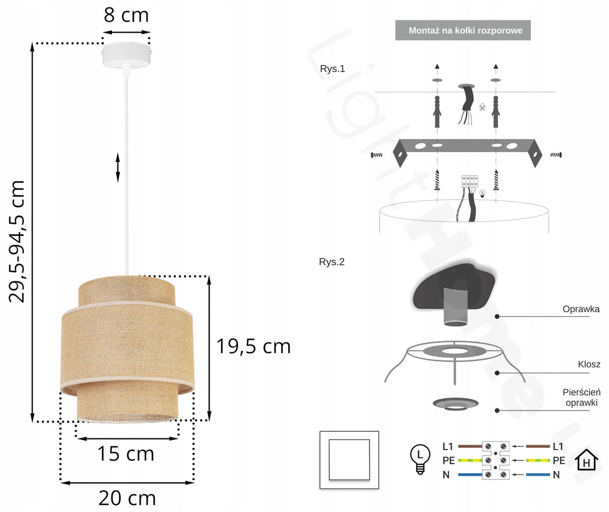 Kabantysis lubinis šviestuvas „Light Home“ BOHO 2458/1 su viengubu džiuto audinio gaubtu, modernus