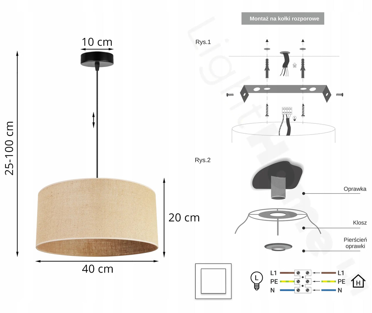 Kabantysis lubinis šviestuvas „Light Home“ JUTA 2450/40, vieno šviesos šaltinio, apvalus smėlio spalvos medžiaginis gaubtas, 40 cm
