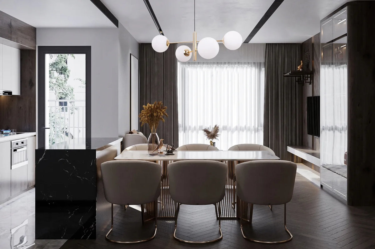 Kabantysis lubinis šviestuvas „Light Home“ VICENZA – „Glamour“ ir lofto stiliaus sietynas su rutulio formos gaubtais svetainei, miegamajam ir valgomajam