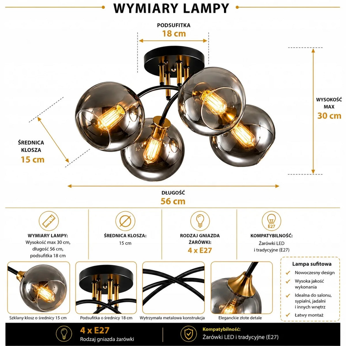 Kabantysis lubinis šviestuvas, plafonas, sietynas su rutuliais, Krislamp MEGAN, 4 x E27