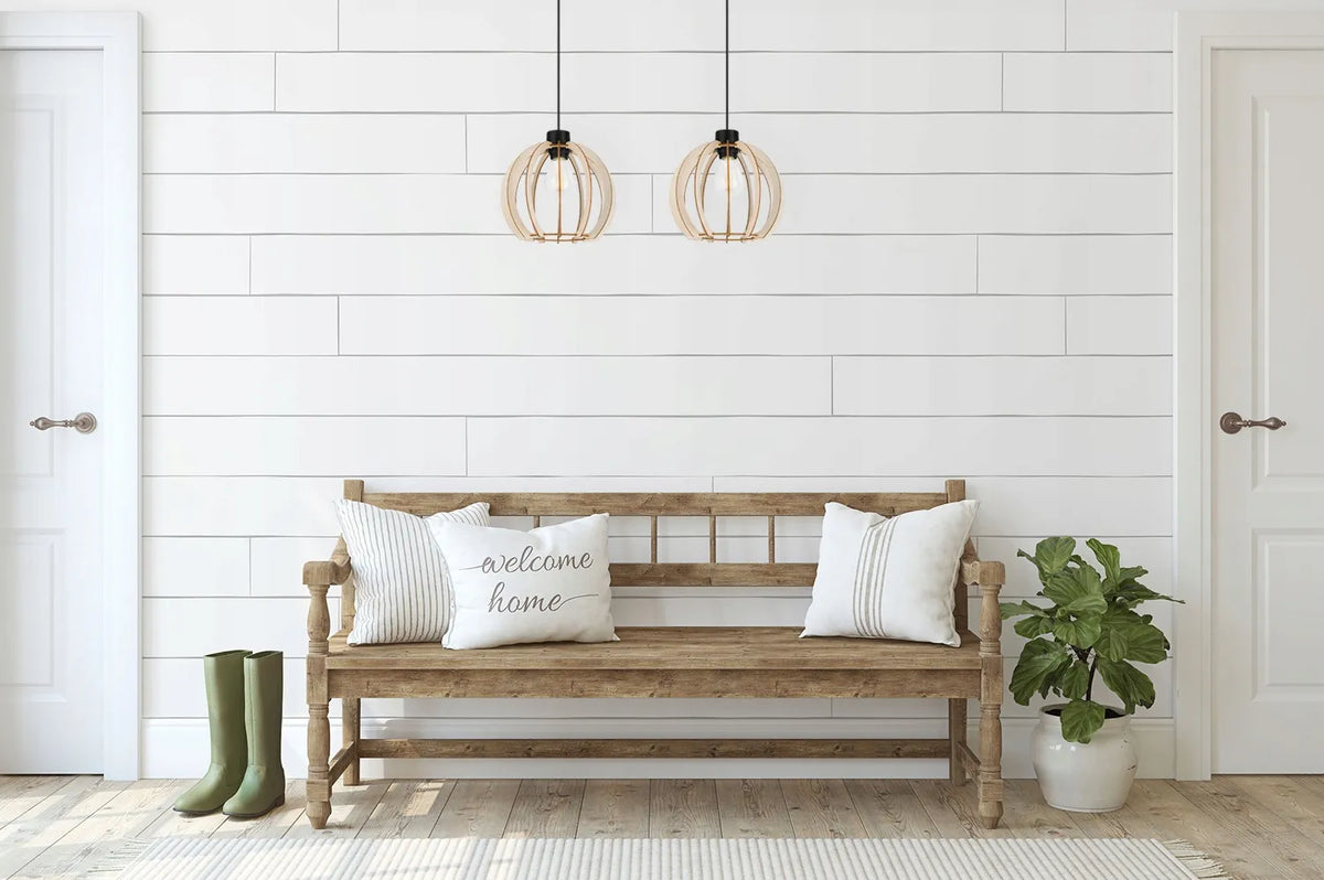 Kabinamas lubinis šviestuvas „TIMBER 2359/2L“ – medinis modernus boho stiliaus šviestuvas virtuvei