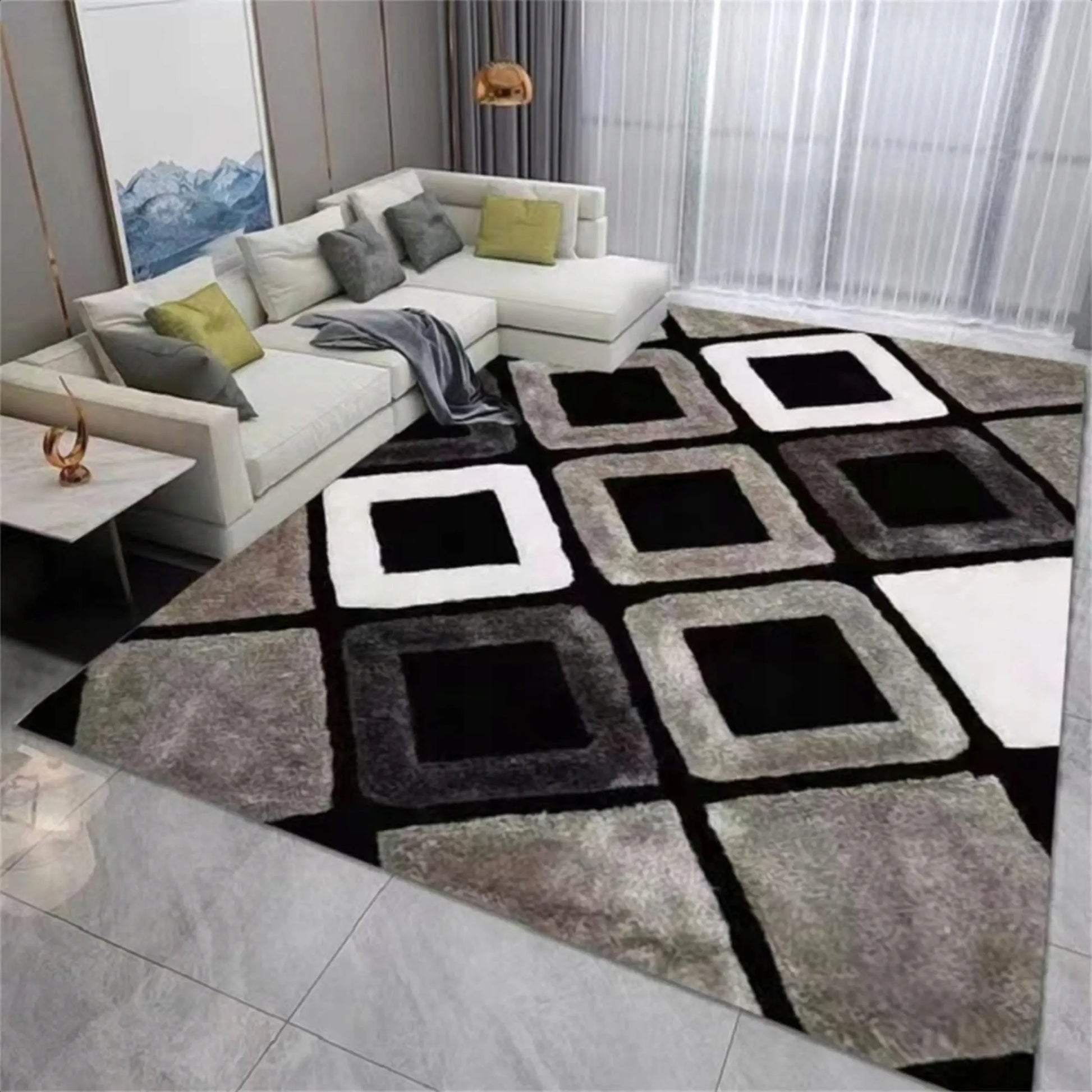 Kilimas 120x170 rudas juodas svetainės geometrinis kvadratų raštas neslystantis