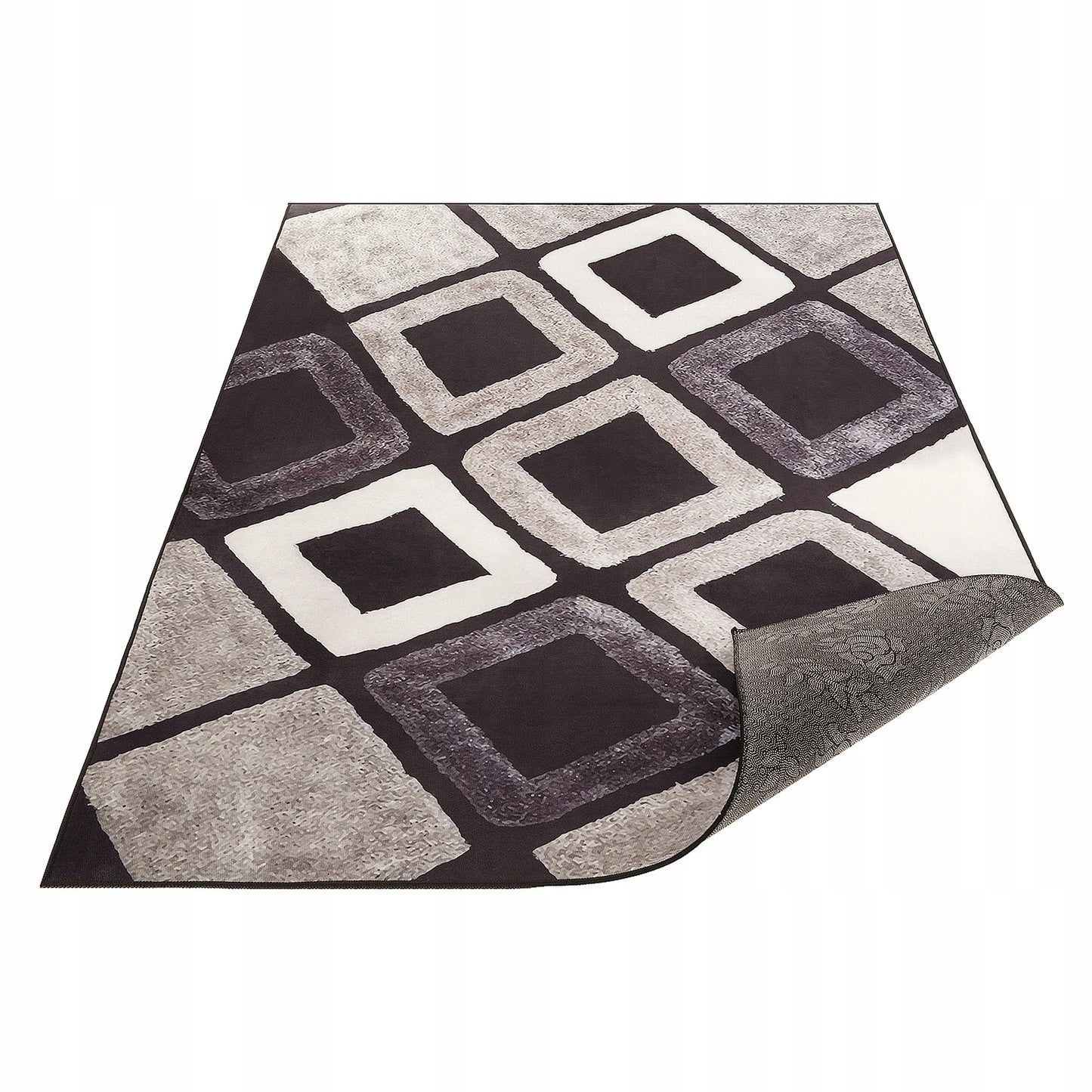 Kilimas 120x170 rudas juodas svetainės geometrinis kvadratų raštas neslystantis