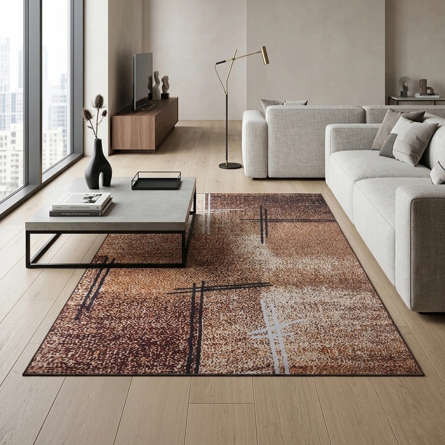 Kilimas 160x220 cm rudas, skirtas svetainei, loftui, modernus, neslystantis, rudas-smėlio spalvos