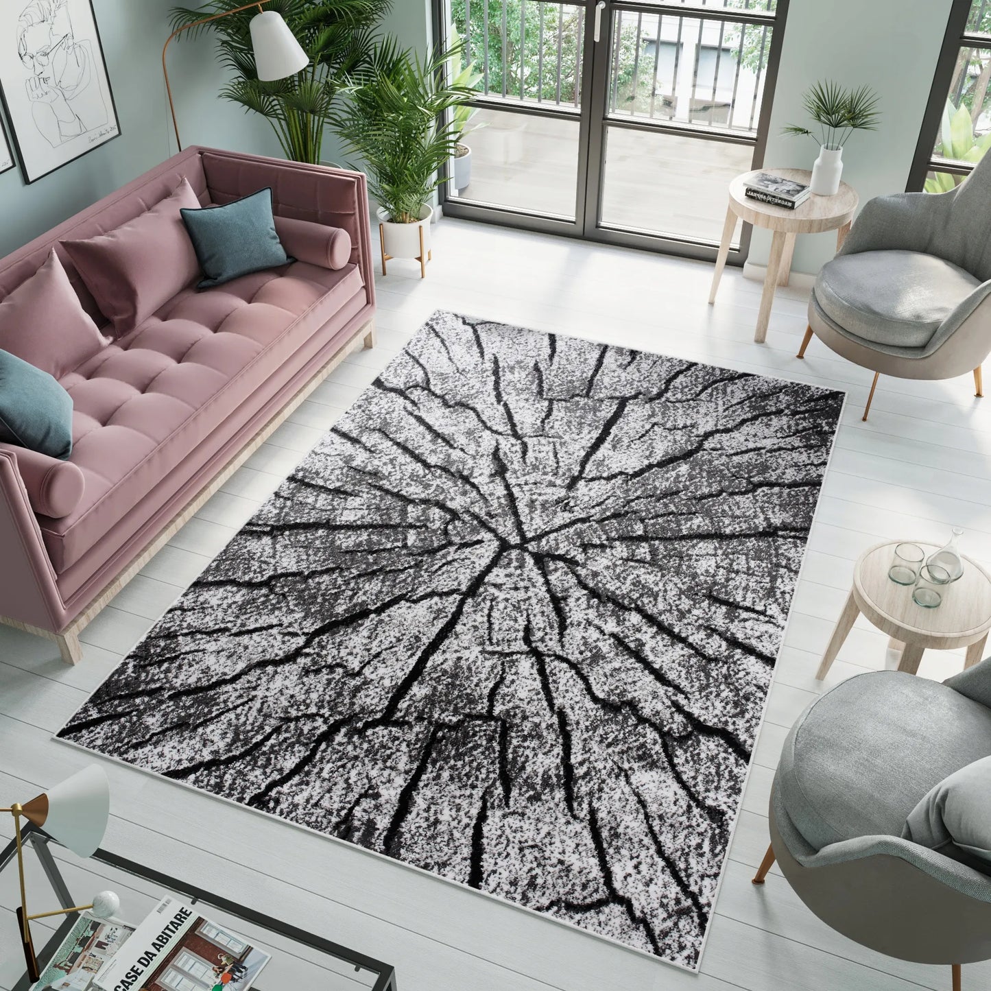 Kilimas CANVAS 160x220 BCF medžio kamieno rašto, pilkas, juodas