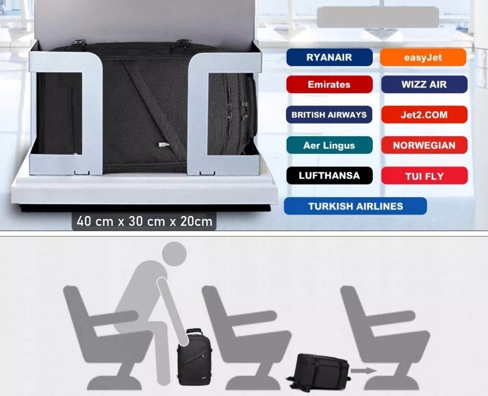 Kono kuprinė lėktuvui 40x30x20 cm, tinka Ryanair ir Wizzair, 20L
