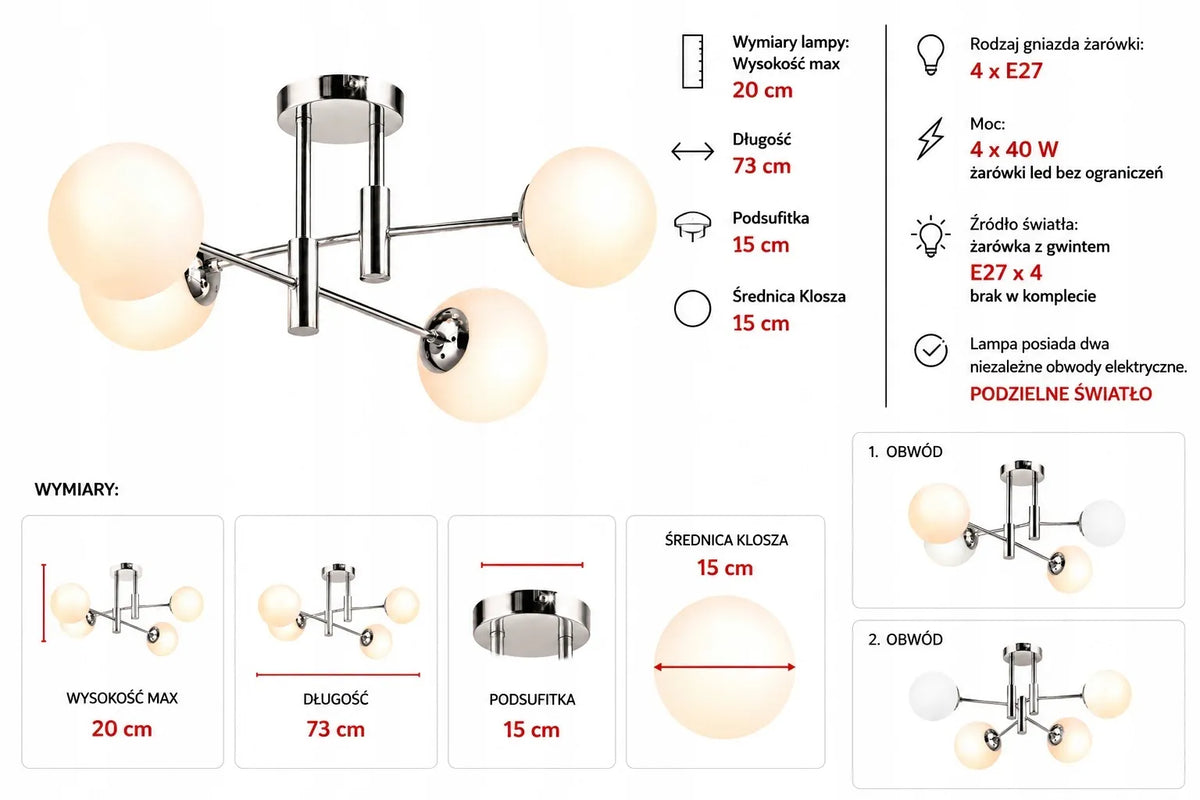 Krislamp DORADO pakabinamas lubinis šviestuvas, 4 × E27, chromo spalvos