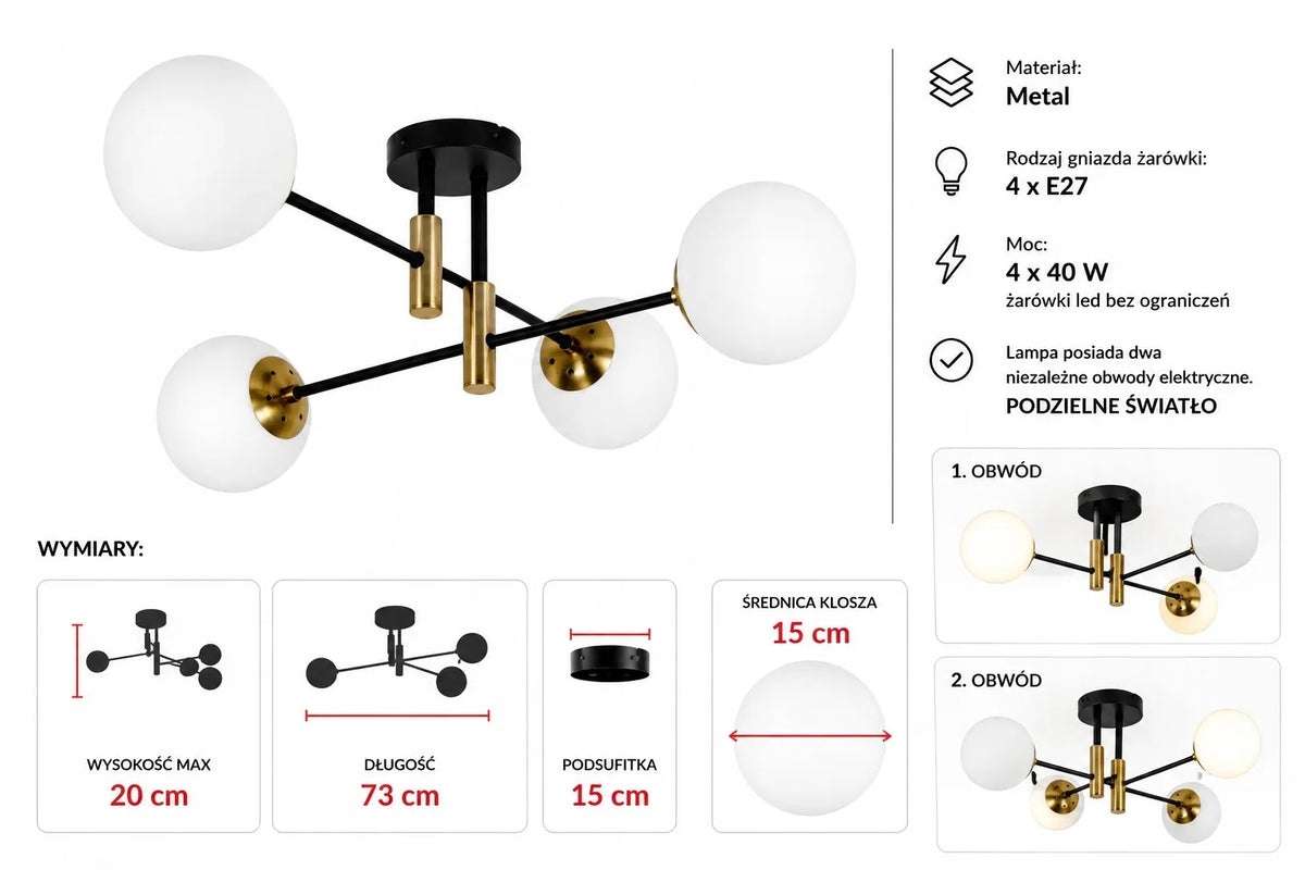 Krislamp DORADO pakabinamas lubinis šviestuvas su 4 gaubtais, juodos ir auksinės spalvos, E27