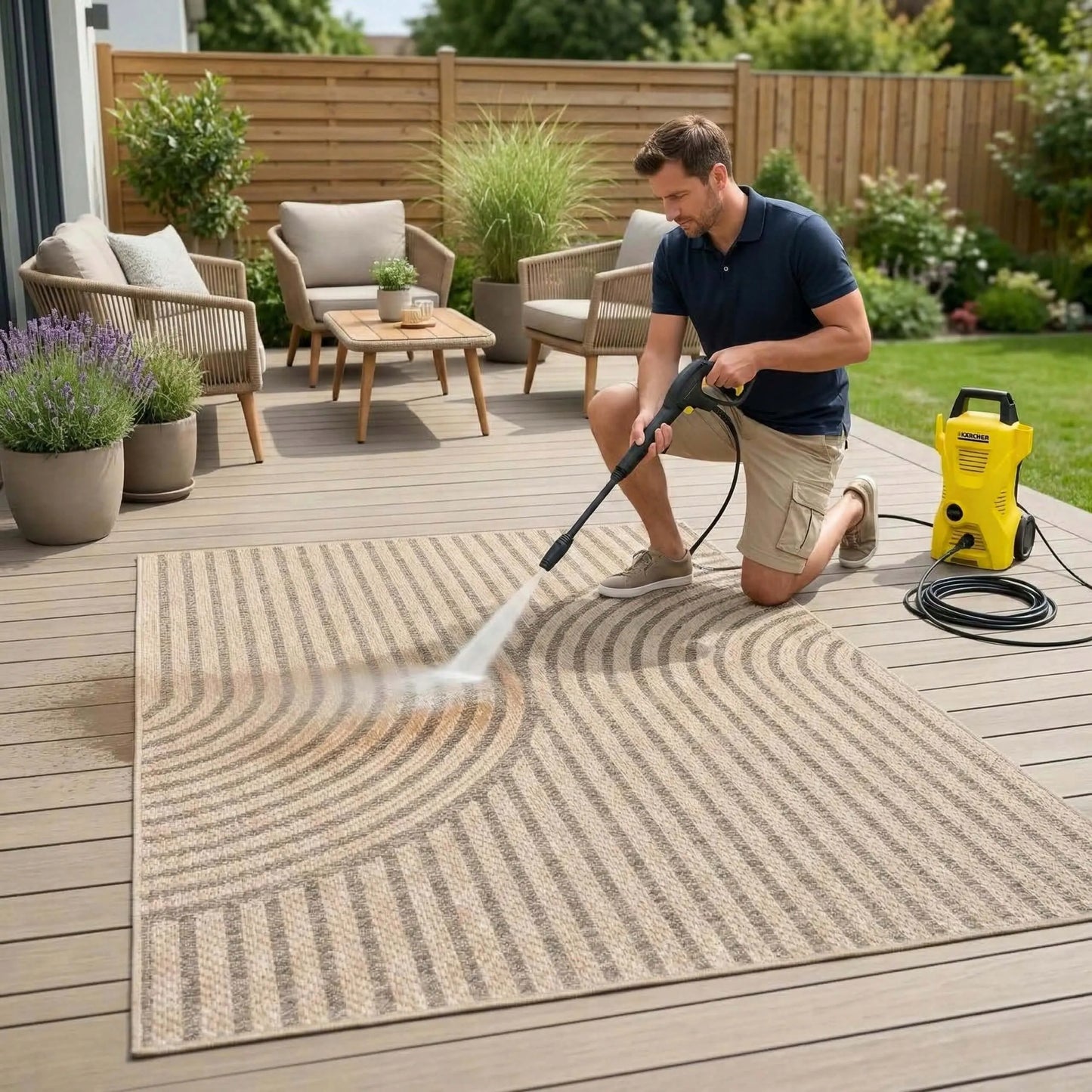 Lauko kilimas terasai 60x100 vandeniui atsparus, geometrinis, smėlio spalvos