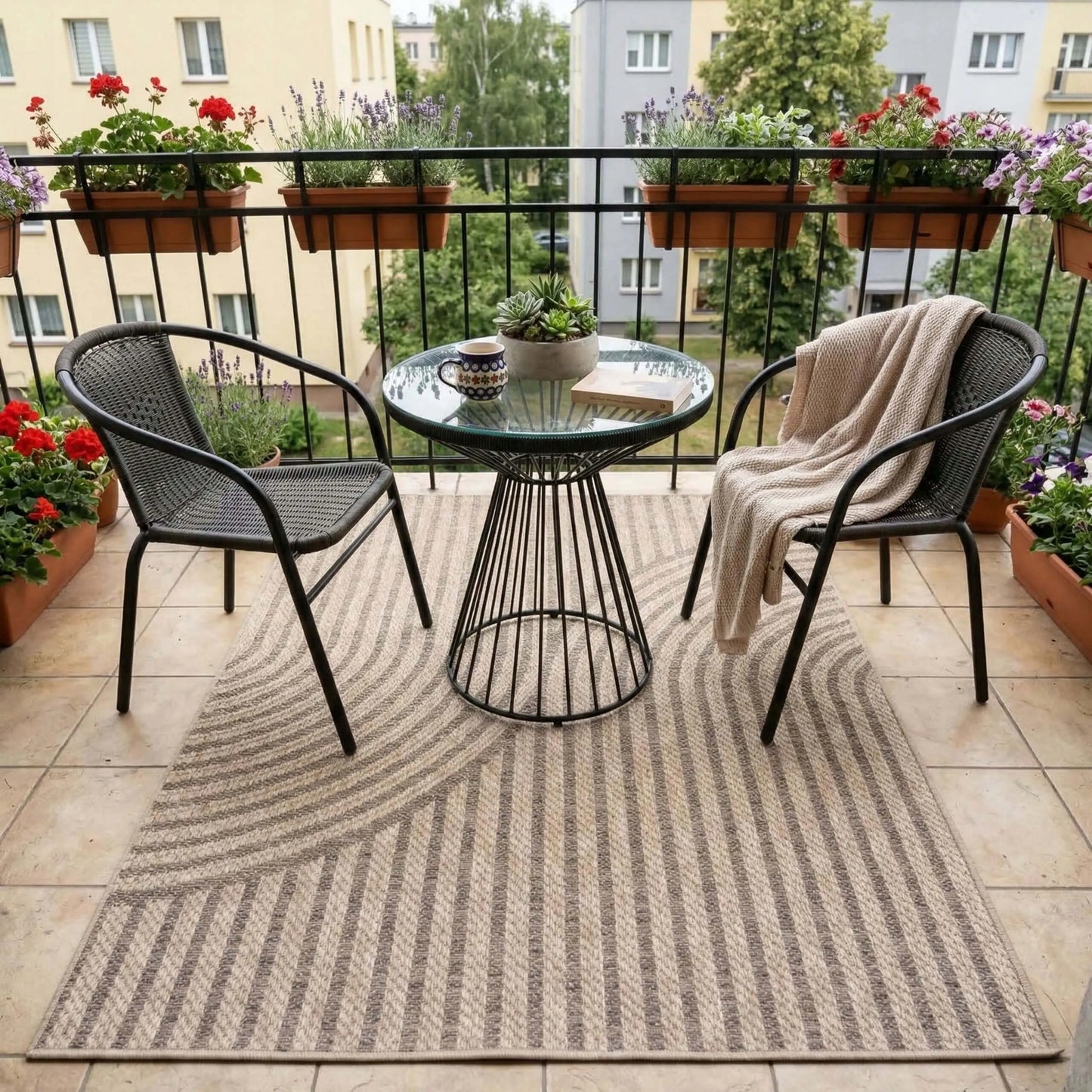 Lauko kilimas terasai 60x100 vandeniui atsparus, geometrinis, smėlio spalvos