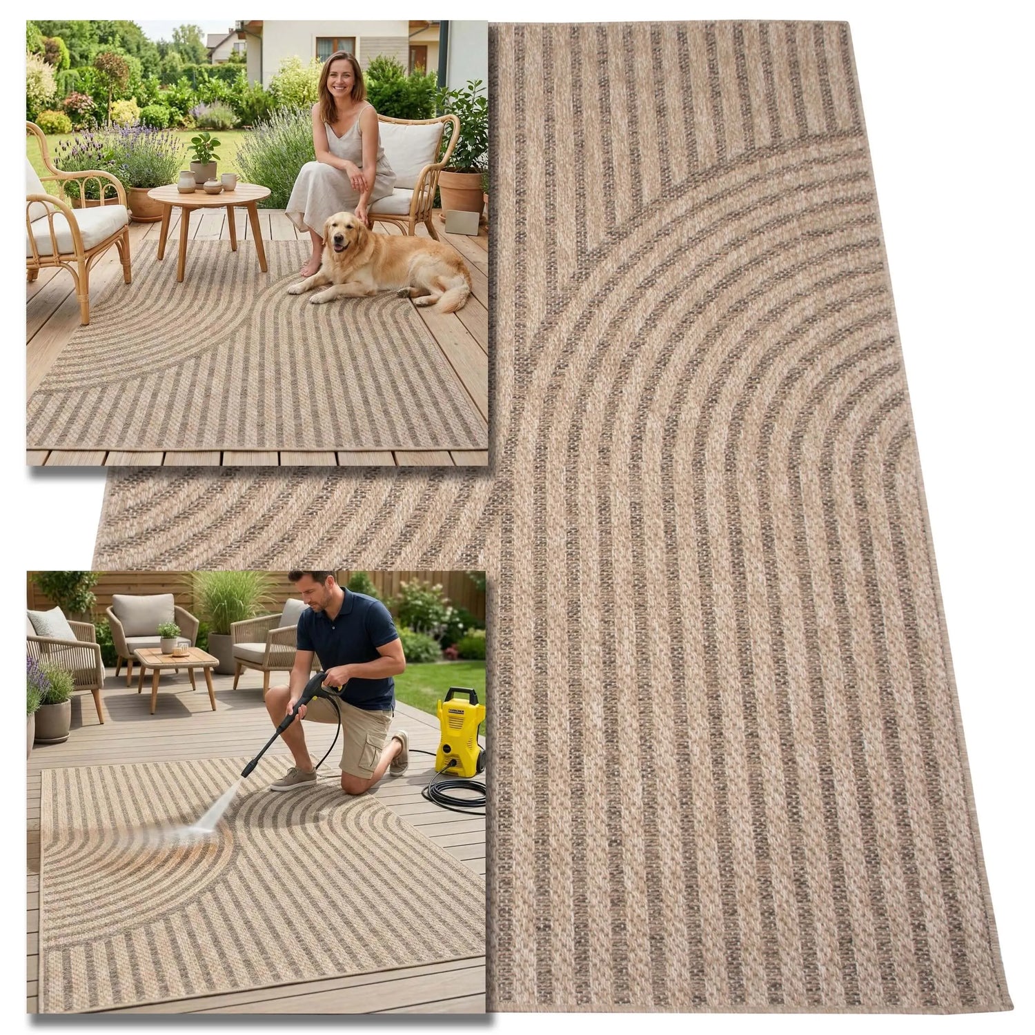 Lauko kilimas terasai 60x100 vandeniui atsparus, geometrinis, smėlio spalvos