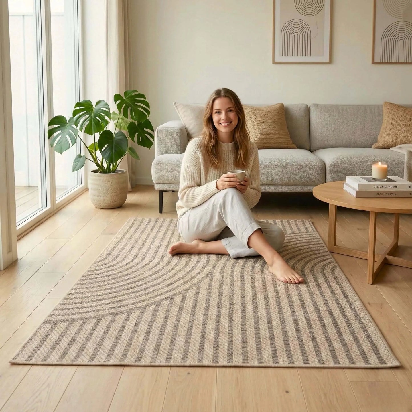 Lauko kilimas terasai 60x100 vandeniui atsparus, geometrinis, smėlio spalvos