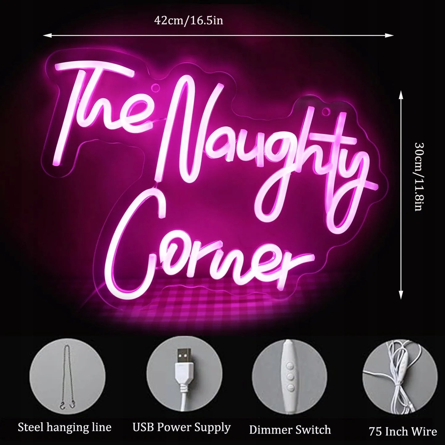 LED neoninis užrašas The Naughty Corner, rožinis, sieninė dekoracija su USB jungtimi