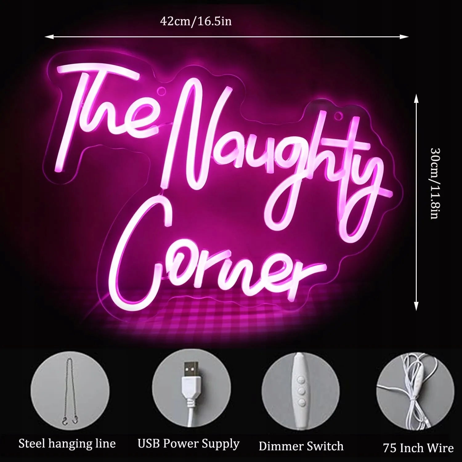 LED neoninis užrašas The Naughty Corner, rožinis, sieninė dekoracija su USB jungtimi