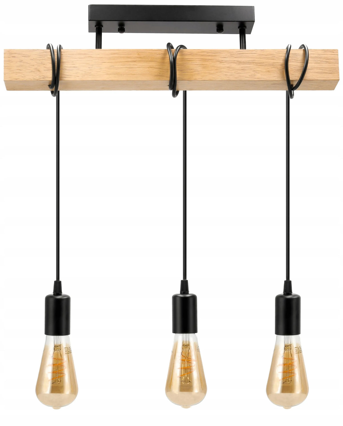 LED-ONE LOFT pakabinamas lubinis šviestuvas su medine sija, juodas, 3 x E27