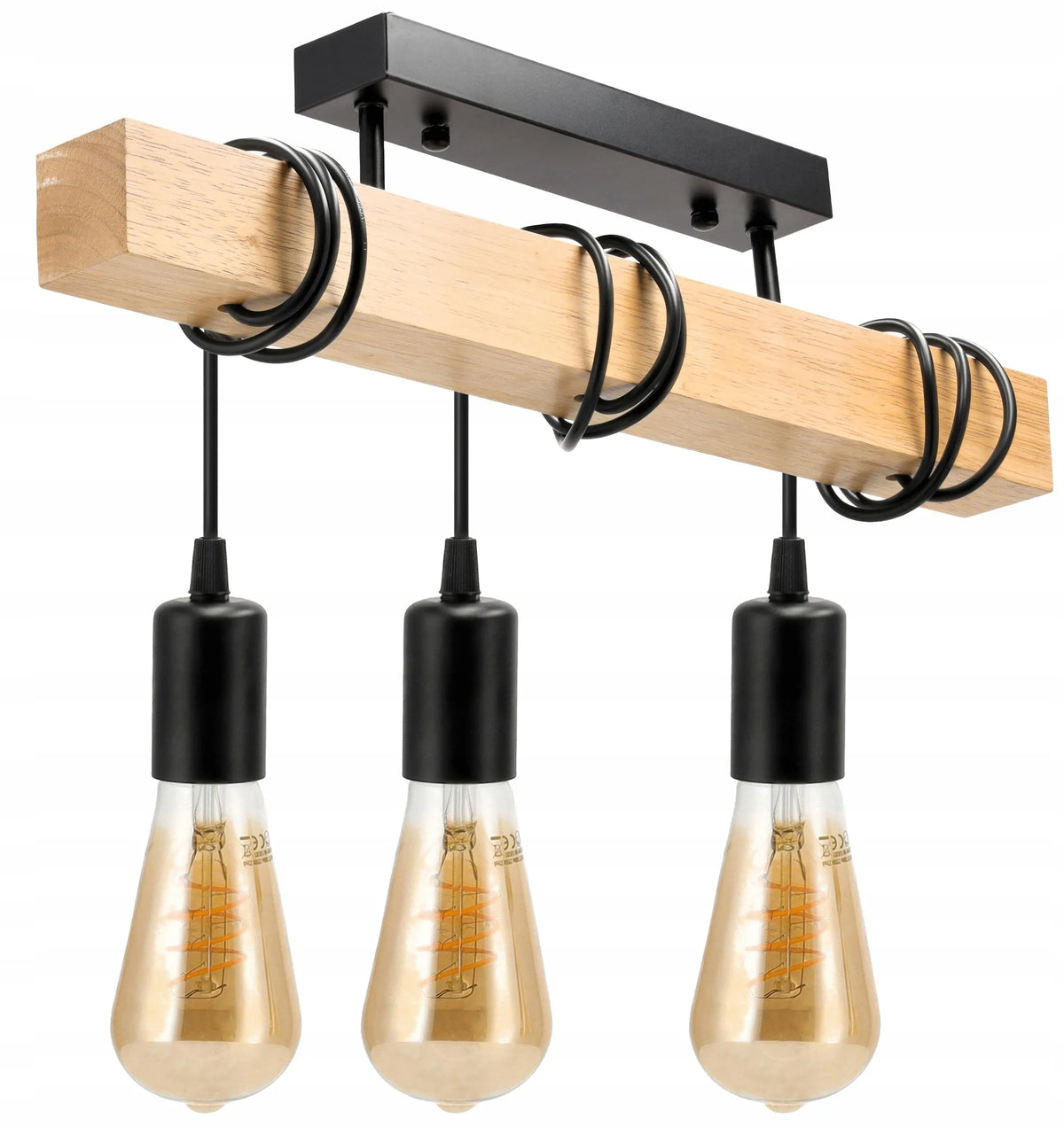 LED-ONE LOFT pakabinamas lubinis šviestuvas su medine sija, juodas, 3 x E27