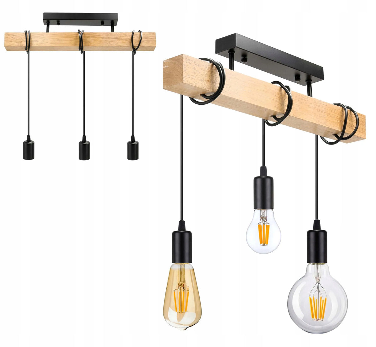 LED-ONE LOFT pakabinamas lubinis šviestuvas su medine sija, juodas, 3 x E27
