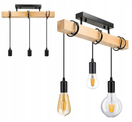 LED-ONE LOFT pakabinamas lubinis šviestuvas su medine sija, juodas, 3 x E27