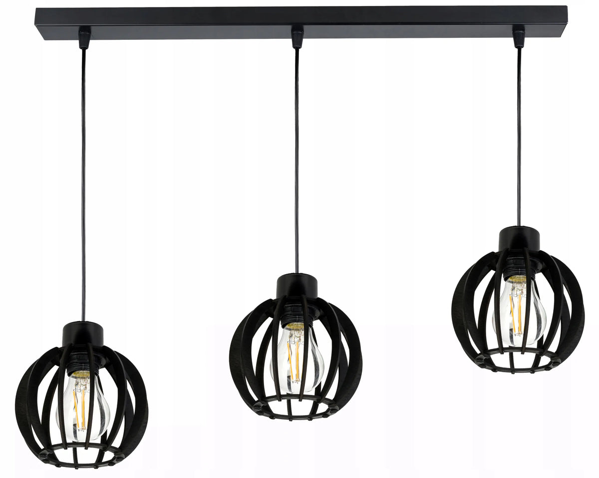 LED-ONE pakabinamas lubinis šviestuvas, juodas LOFT, juodo medžio gaubtai, 3 × E27
