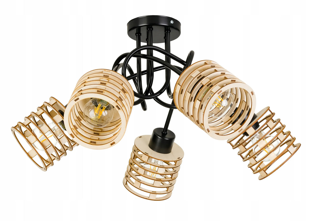 LED-ONE pakabinamas lubinis šviestuvas „Loft“ su mediniais gaubtais, 5 x E27