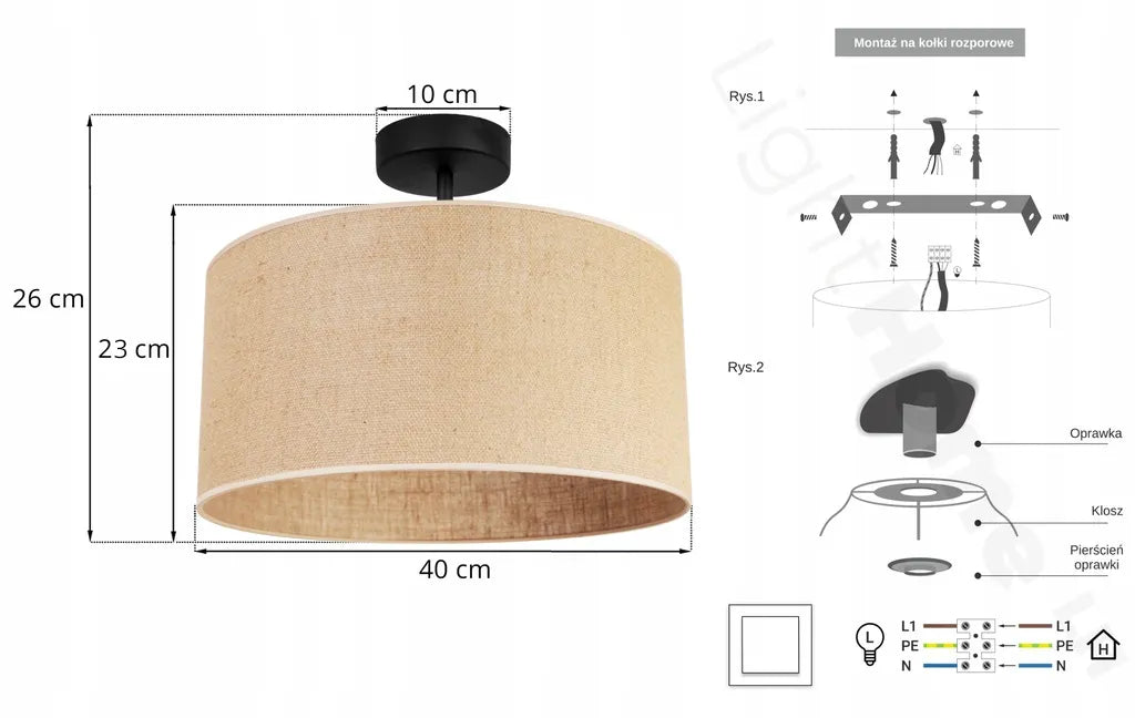 Lubinis šviestuvas su audinio gaubtu BOHO JUTA 40 cm svetainei ir miegamajam