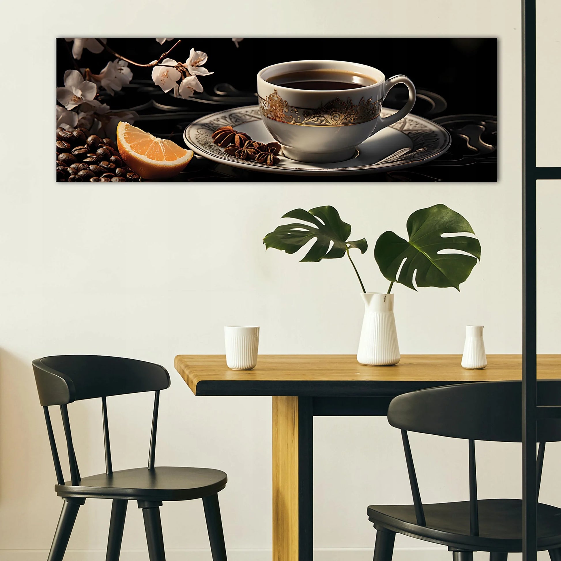 Modernus drobės paveikslas „Kavos puodelis“ virtuvei, 145x45 cm