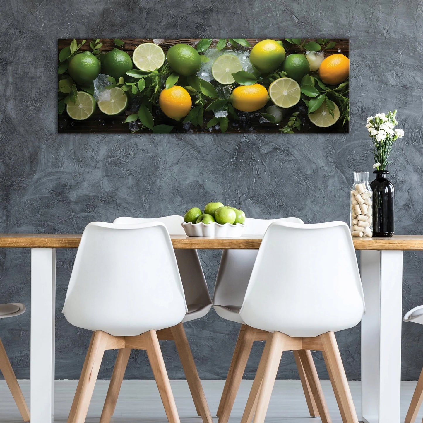 Modernus drobės paveikslas su citrinomis ir laimo vaisiais virtuvei, 145x45 cm