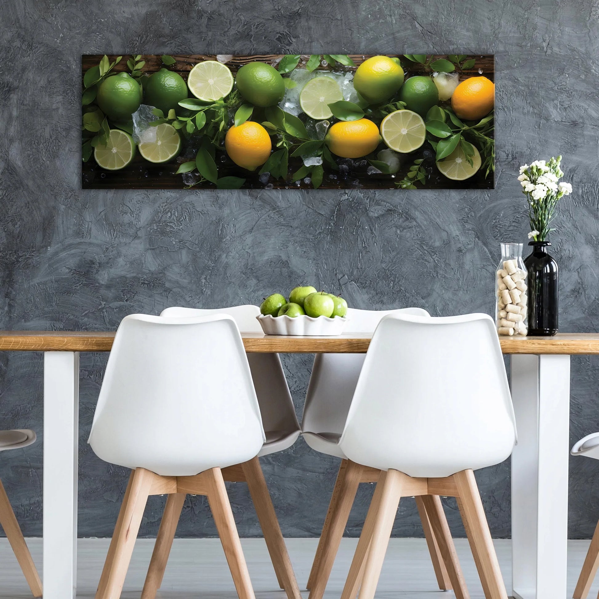 Modernus drobės paveikslas su citrinomis ir laimo vaisiais virtuvei, 145x45 cm