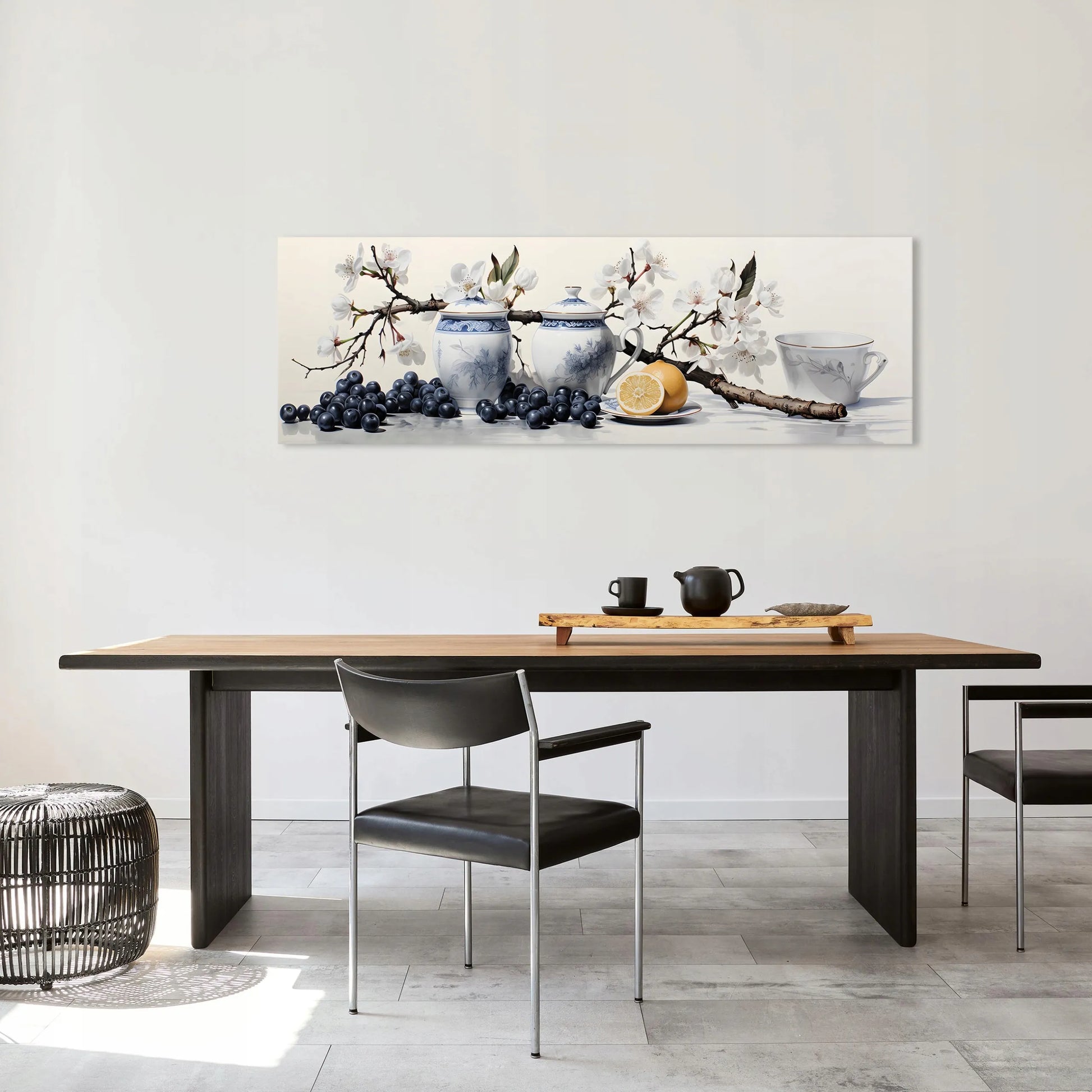 Modernus drobės paveikslas virtuvei Arbata ir citrina, 145x45 cm