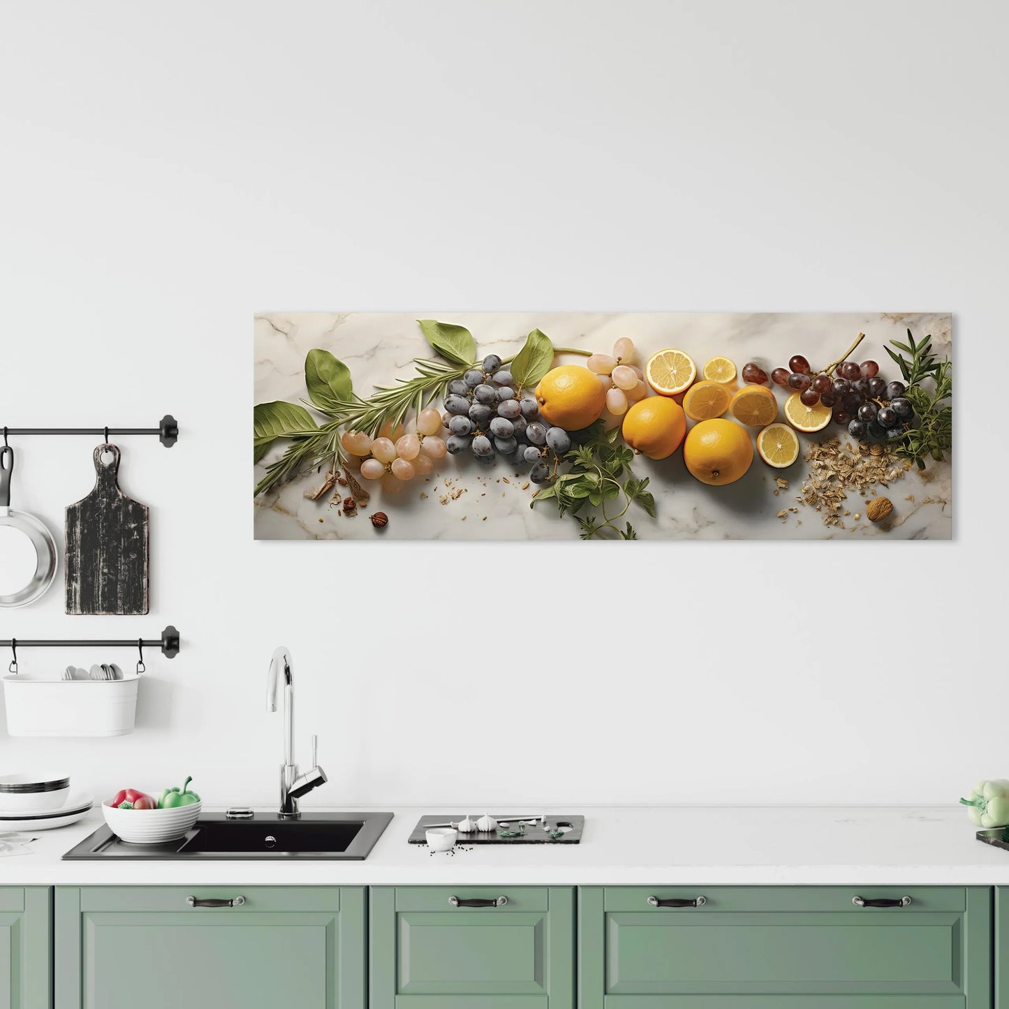 Modernus drobės paveikslas virtuvei Marmuras Vaisiai Žolelės 145x45 cm