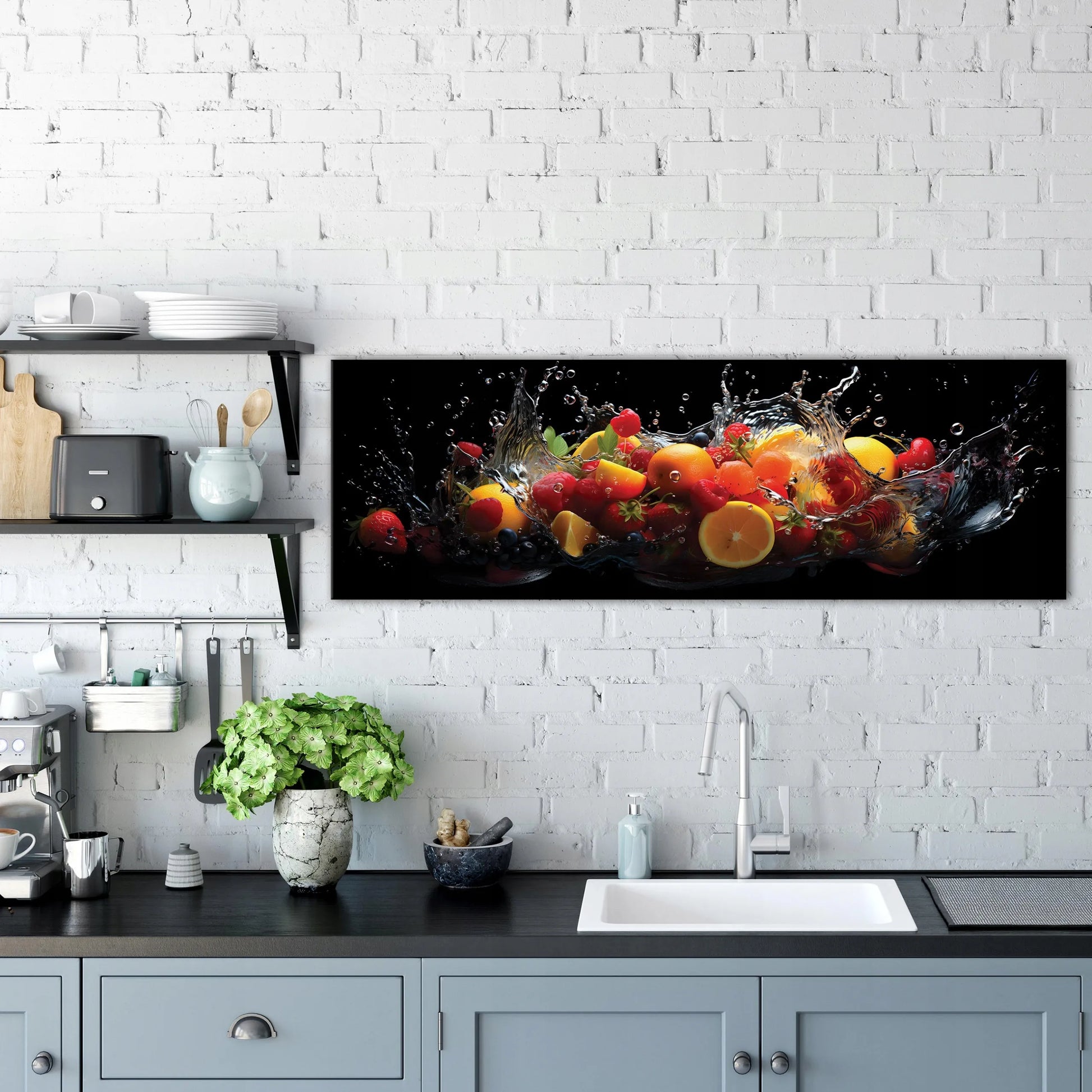 Modernus drobės paveikslas virtuvei su vandeniu ir vaisiais, juodas, 145x45