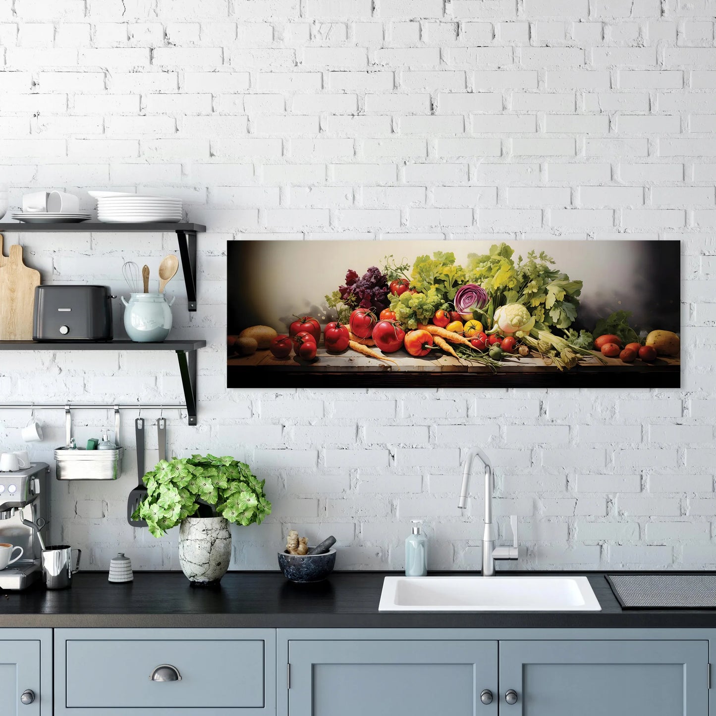 Modernus drobės paveikslas virtuvei su žolelėmis ir daržovėmis, panoraminis 145x45