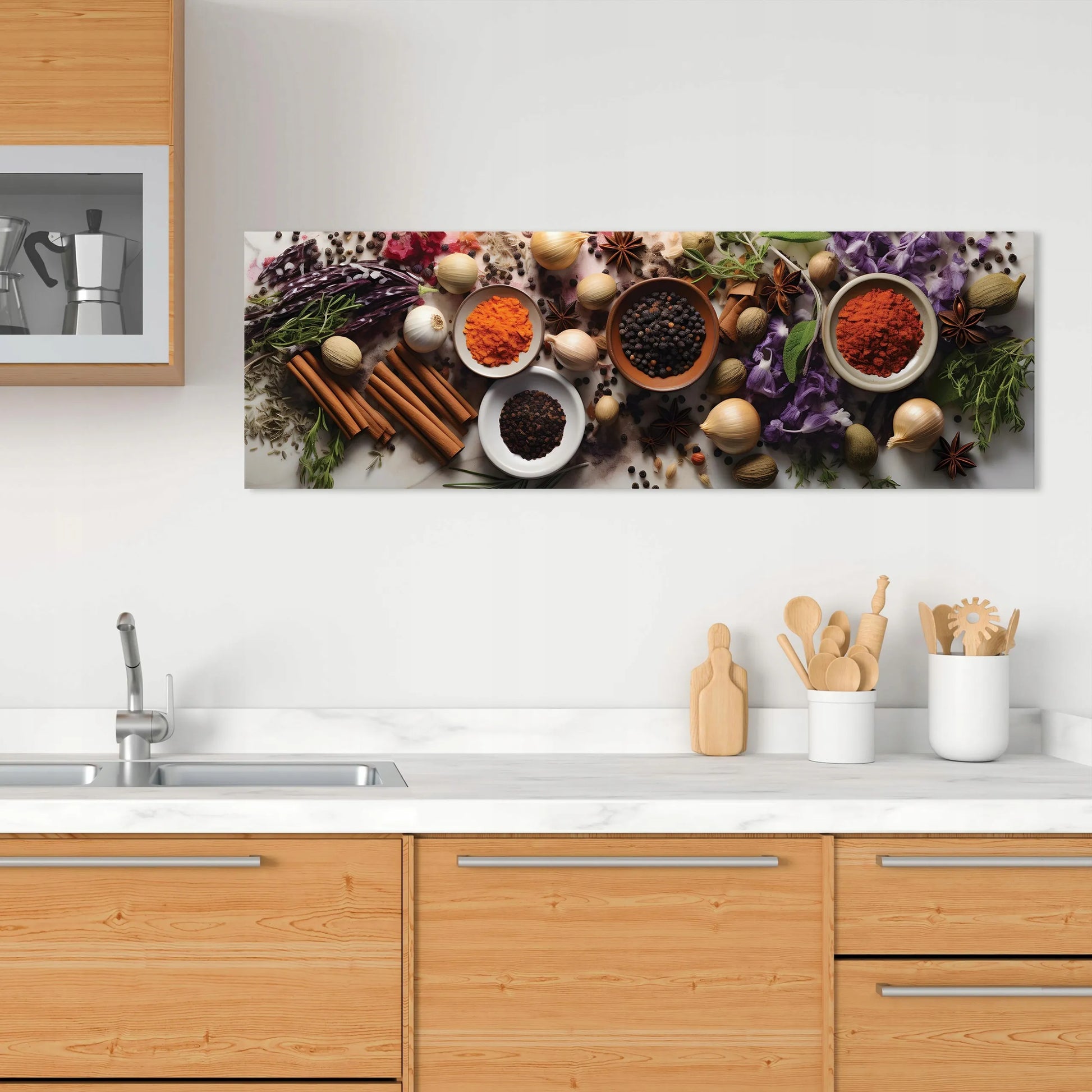 Modernus drobės paveikslas virtuvei su žolelėmis ir prieskoniais, 145x45 cm