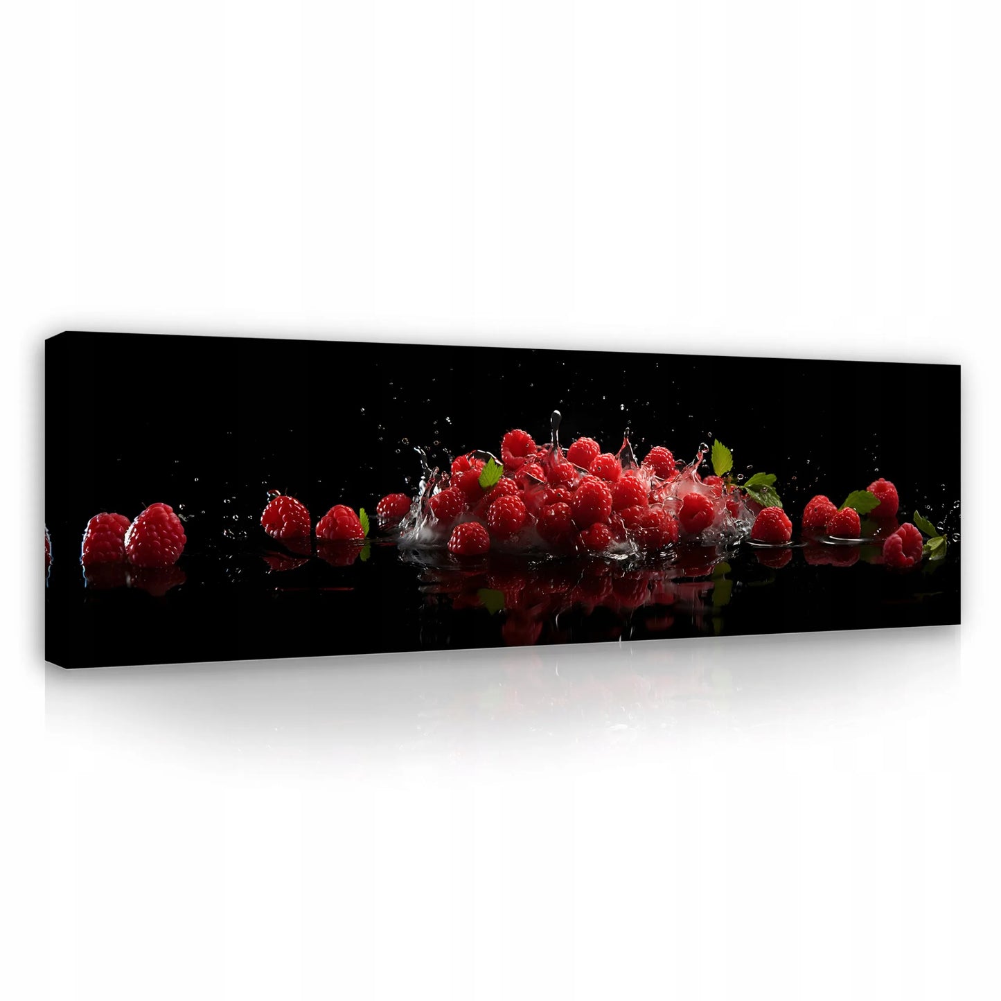 Modernus drobės paveikslas virtuvei – Vanduo, avietės, juodas, 145x45
