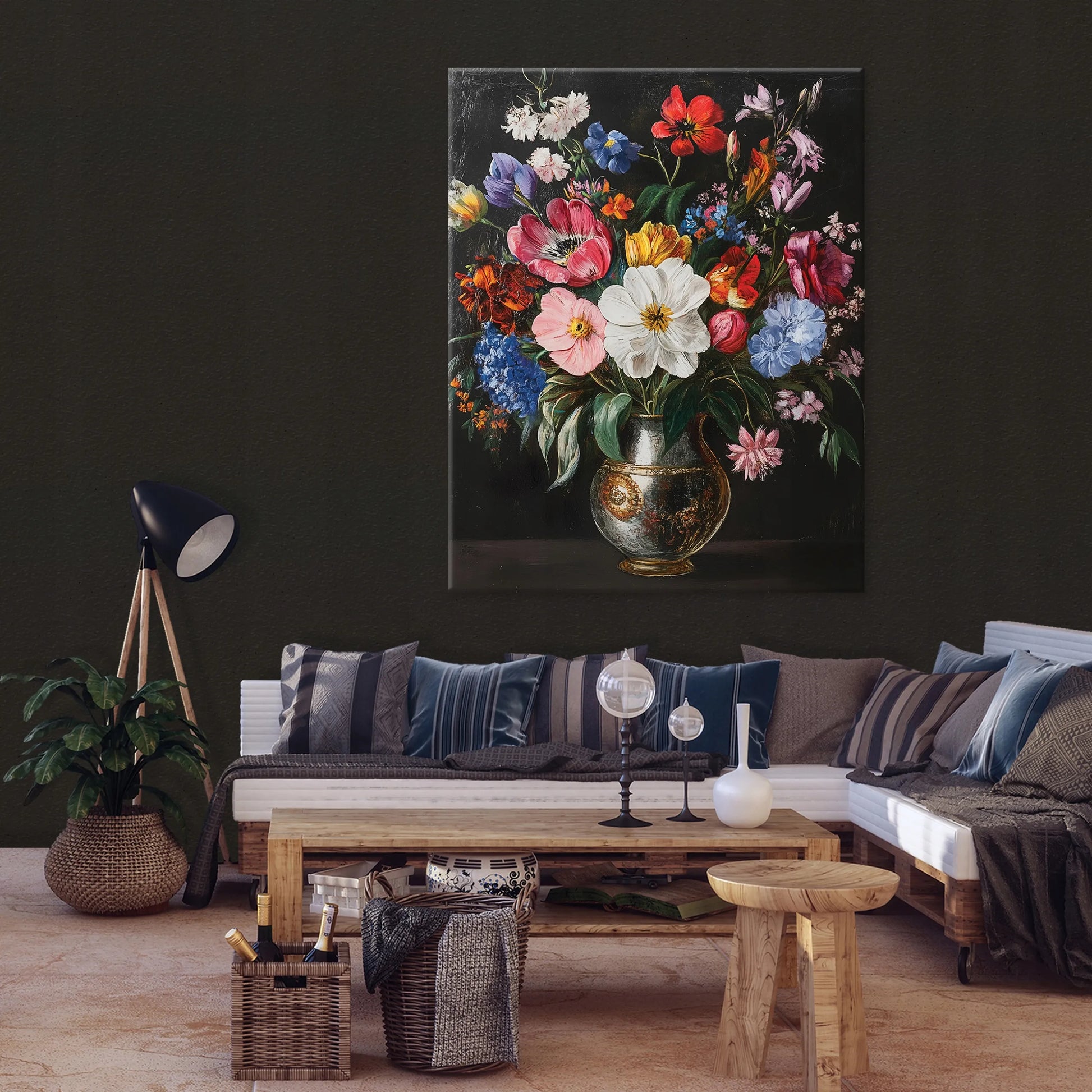 MODERNUS JUODAS GĖLIŲ MOTYVŲ DROBĖS PAVEIKSLAS SVETAINEI IR MIEGAMAJAM 100x70 CM