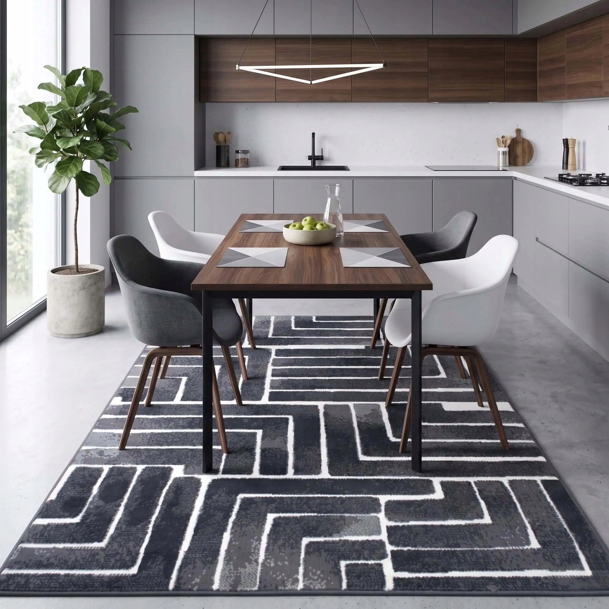 Modernus kilimas svetainei ir virtuvei 100x150 cm – pilkas, minkštas, loft stiliaus