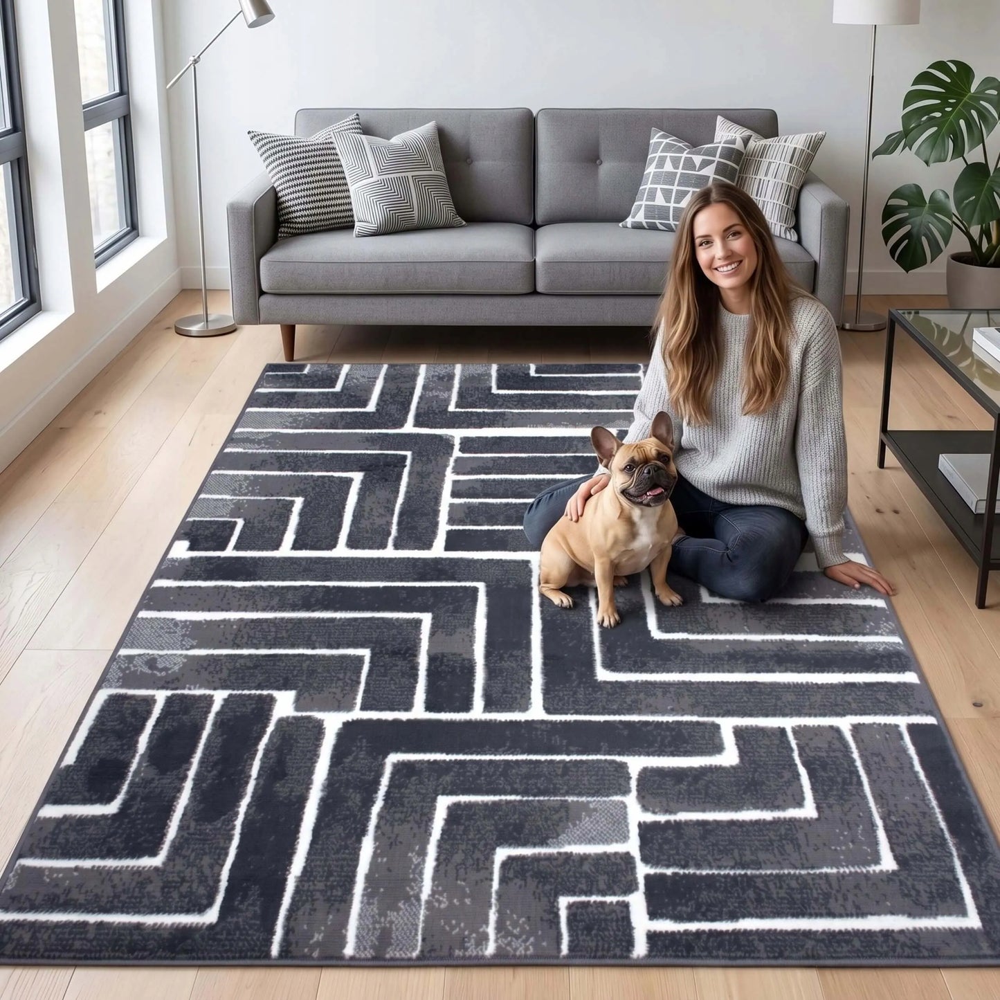 Modernus kilimas svetainei ir virtuvei 100x150 cm – pilkas, minkštas, loft stiliaus