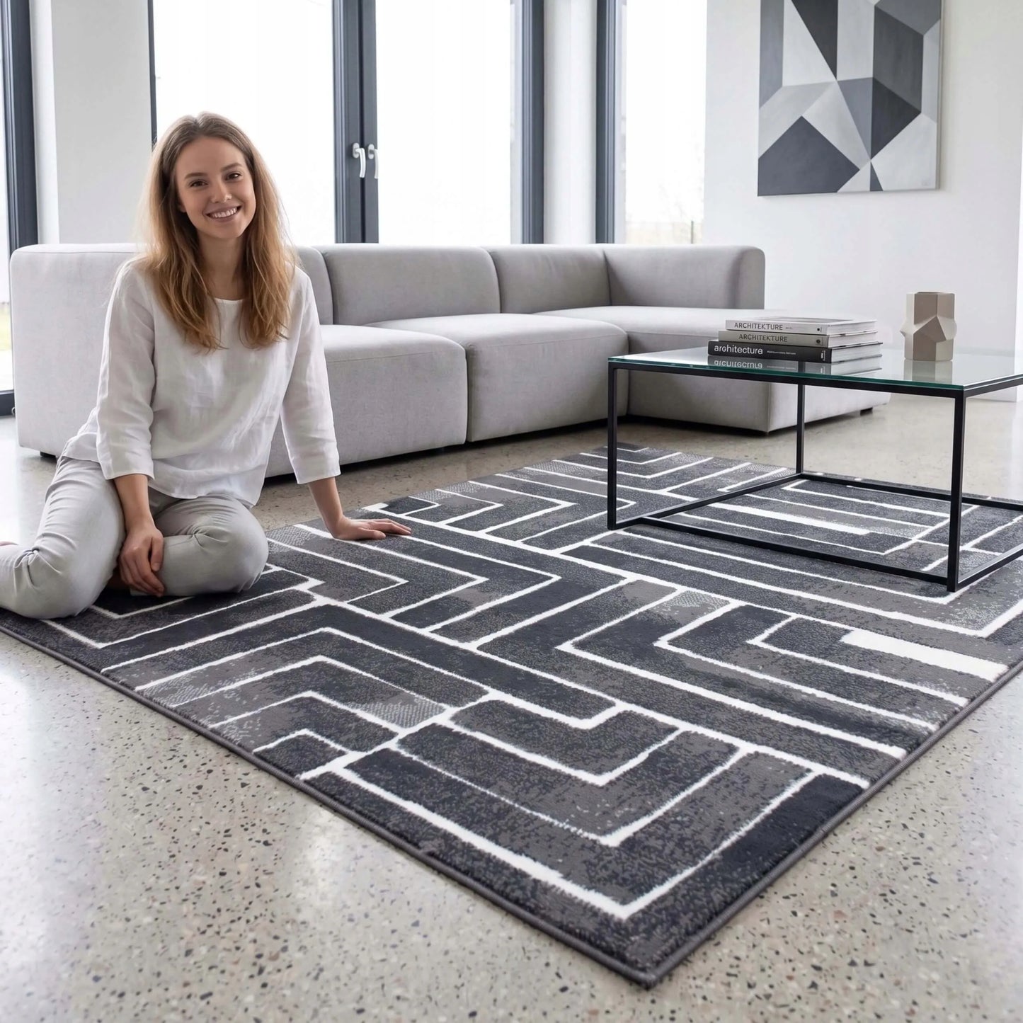 Modernus kilimas svetainei ir virtuvei 100x150 cm – pilkas, minkštas, loft stiliaus