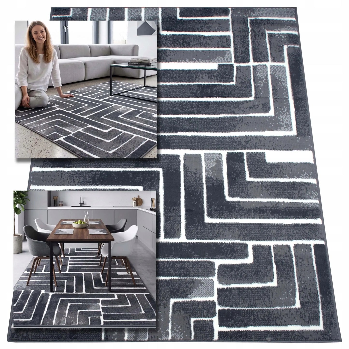 Modernus kilimas svetainei ir virtuvei 100x150 cm – pilkas, minkštas, loft stiliaus