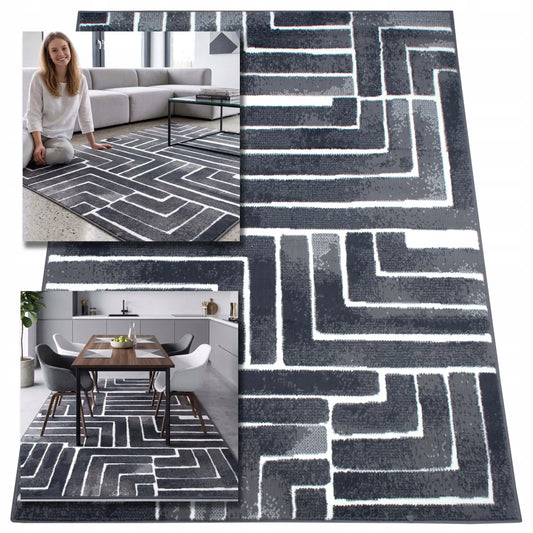 Modernus kilimas svetainei ir virtuvei 100x150 cm – pilkas, minkštas, loft stiliaus