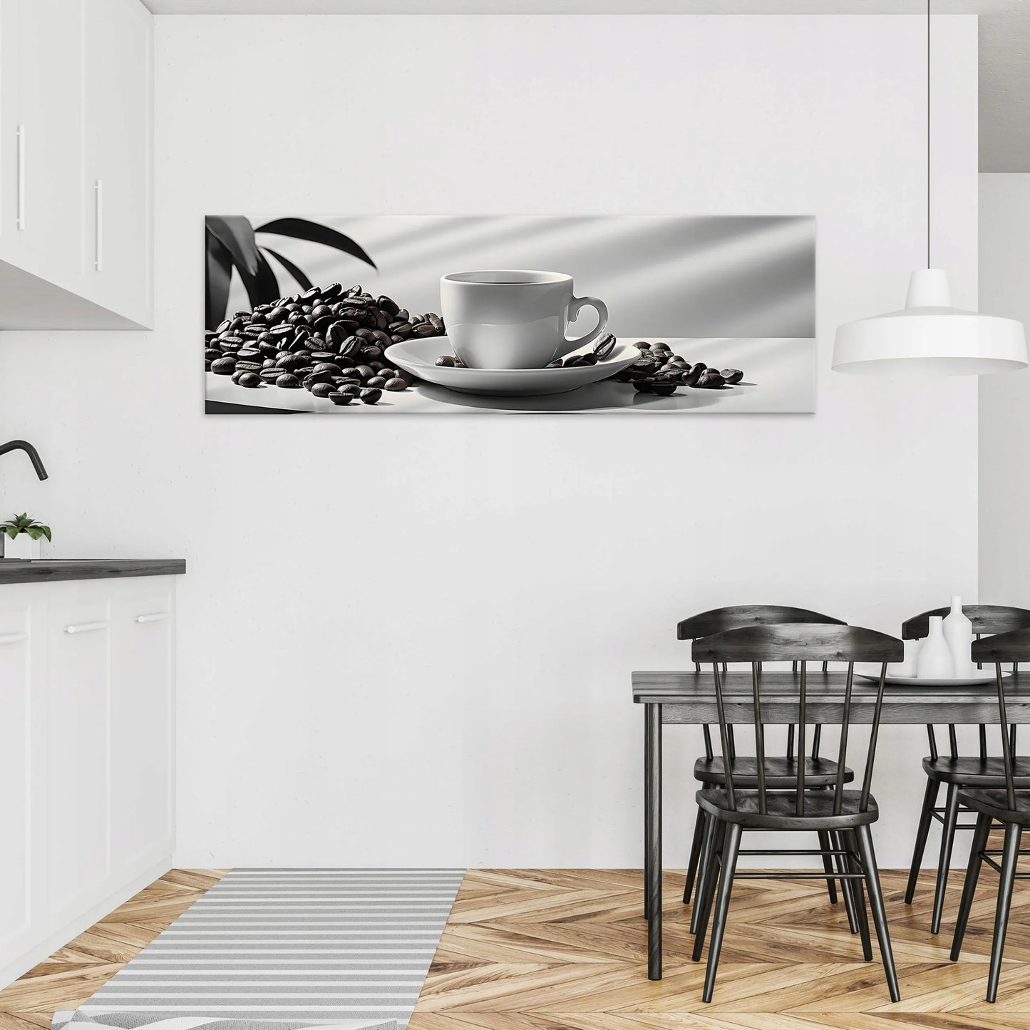 Modernus nespalvotas drobės paveikslas virtuvei su kava 145x45