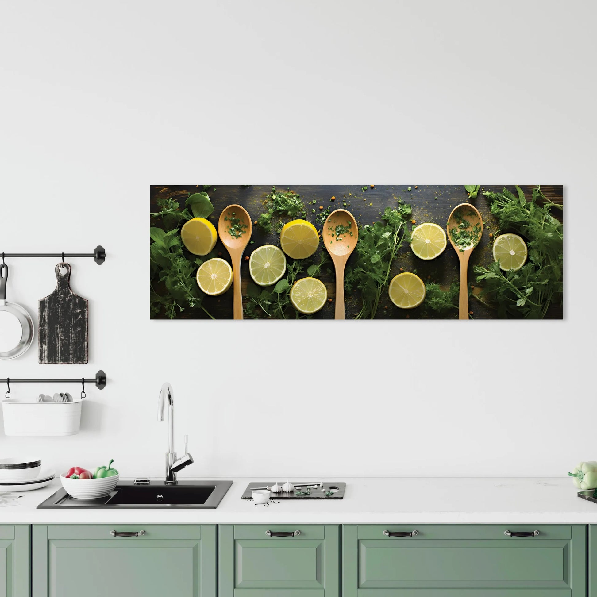 Modernus paveikslas virtuvei Citrinos Žolelės Šaukštai ant drobės 145x45