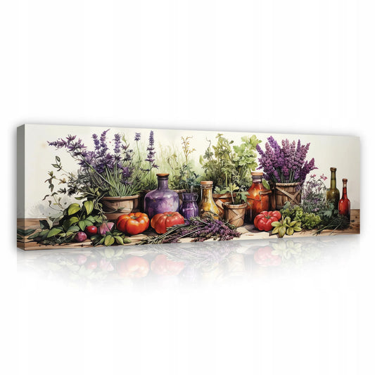 Modernus paveikslas virtuvei su prieskoniais ir žolelėmis ant drobės, didelis 145x45 cm