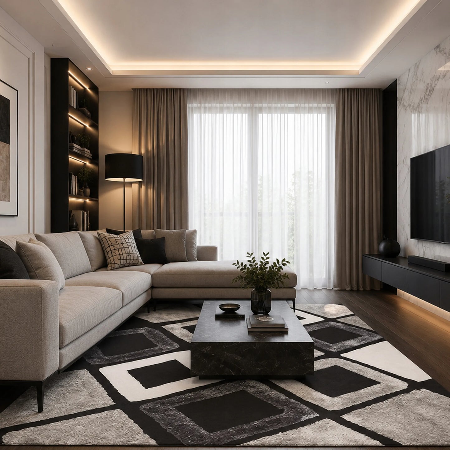 Modernus smėlio spalvos kilimas 200x300, neslystantis, svetainei ir miegamajam