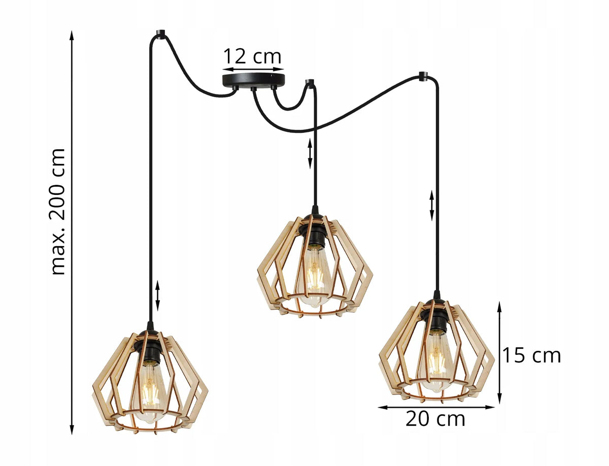 Modernus trigubas pakabinamas medinis lubinis šviestuvas „Spider Timber“ Boho