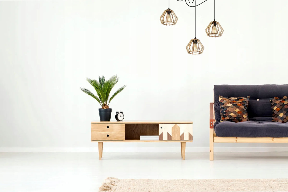 Modernus trigubas pakabinamas medinis lubinis šviestuvas „Spider Timber“ Boho