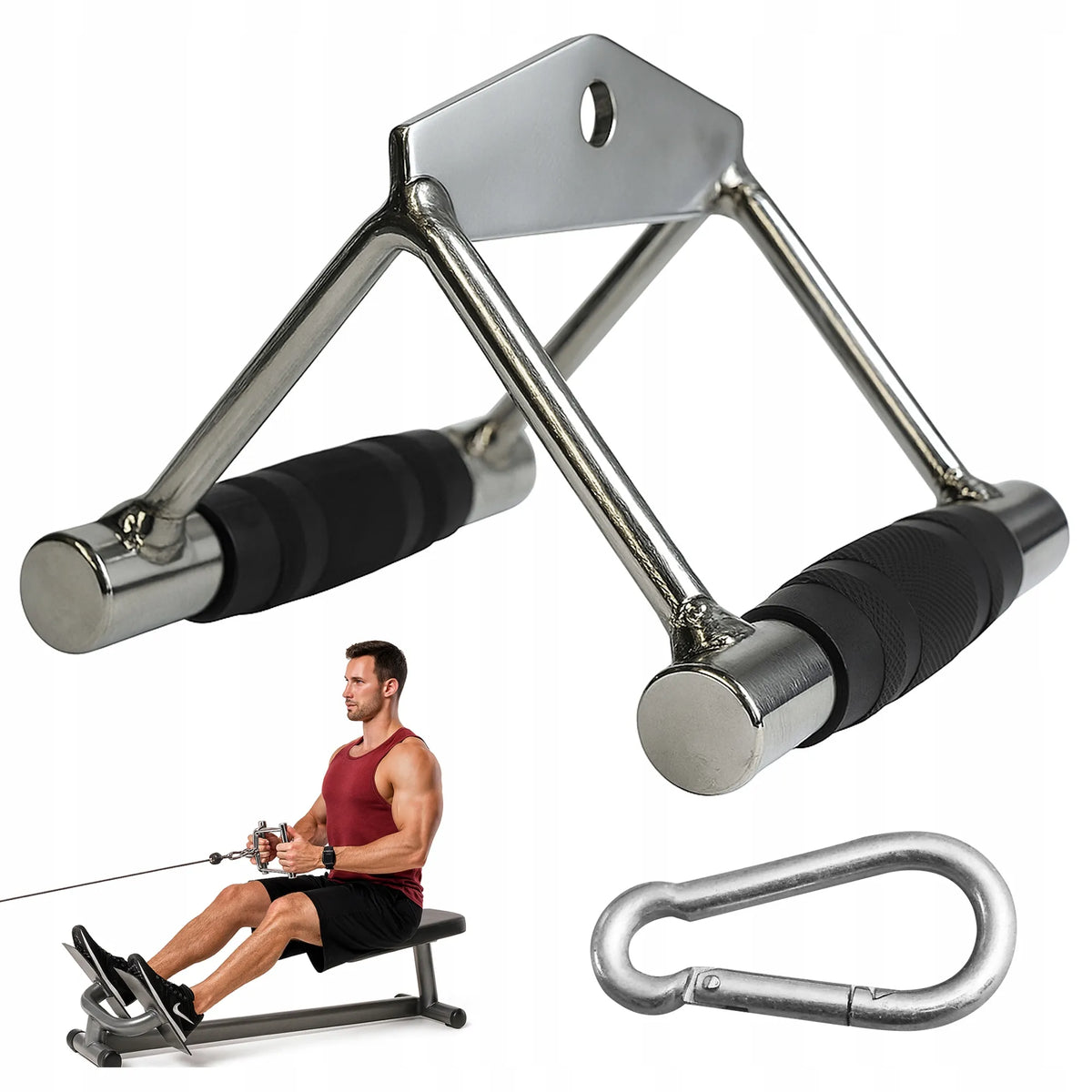MuscleForge Double D-handle nugaros traukos rankena, dviguba siaura, gumuota