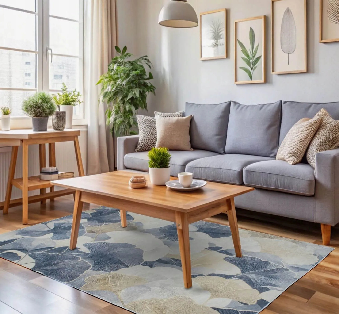 Neslystantis kilimas svetainei Eureka Home modernus augalinis 80x150 cm smėlio spalvos