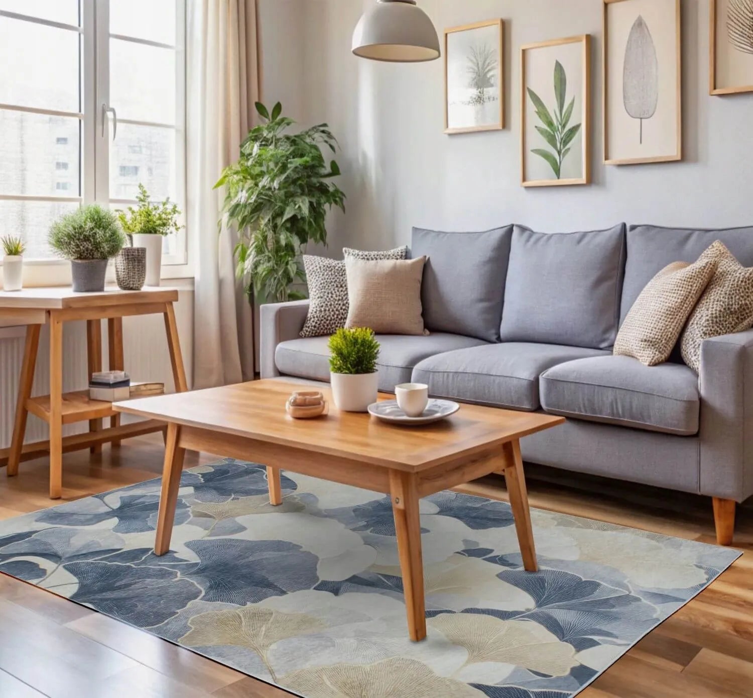 Neslystantis kilimas svetainei Eureka Home modernus augalinis 80x150 cm smėlio spalvos